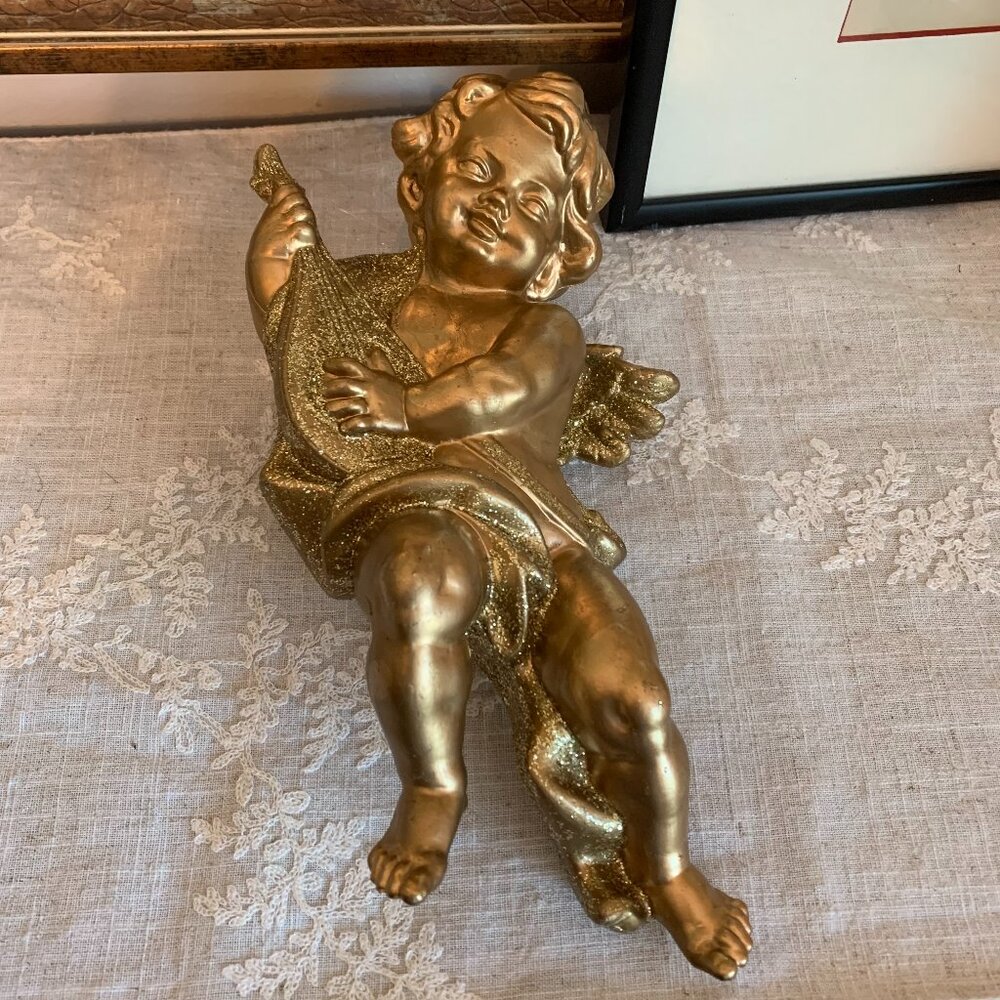 Angel/Cherub Hanging Ornament Vintage Adorable Large Plastic Gold Glittered